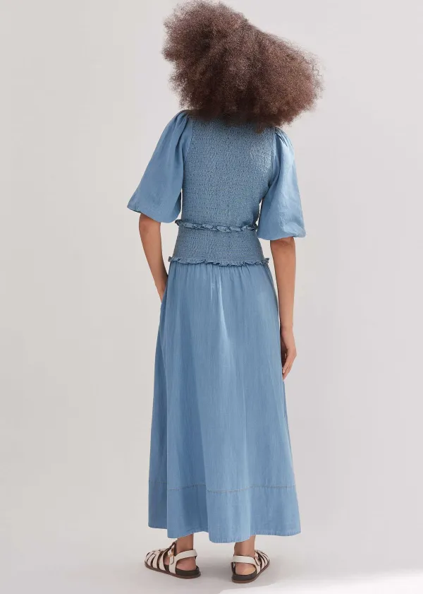 chambray_shirred_maxi_shirt_dress_3.webp ME+EM Chambray Shirred Maxi Shirt Dress | Women Maxi Dresses