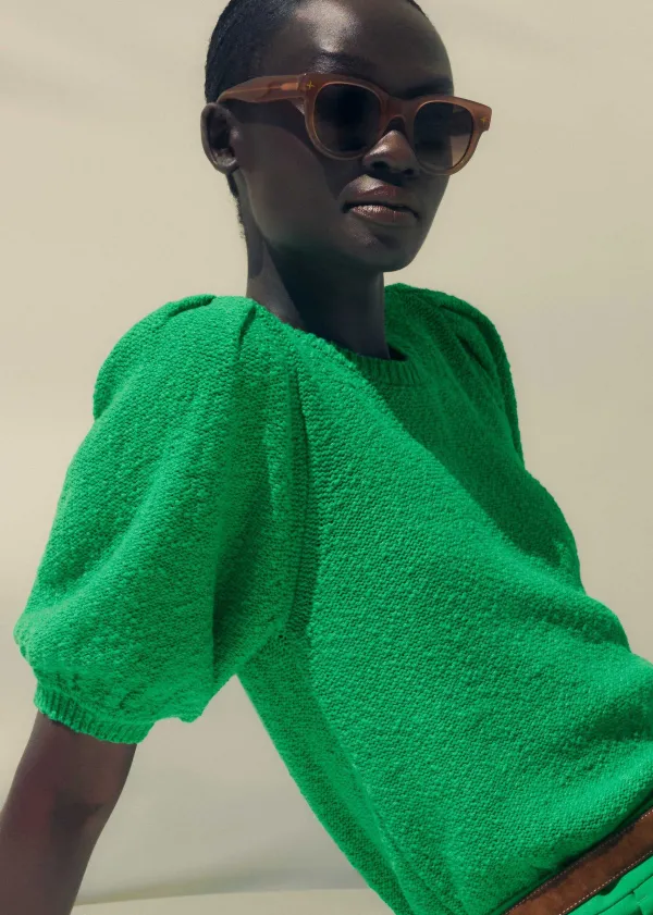 cotton_boucl_pouf_sleeve_knit_tee_4.webp ME+EM Cotton Boucl Pouf Sleeve Knit Tee | Women Loungewear