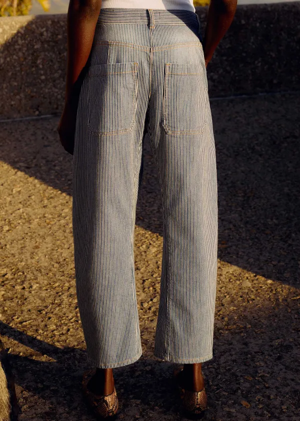 ME+EM Cotton Indigo Stripe Engineered-Leg Trouser | Women Tapered Trousers