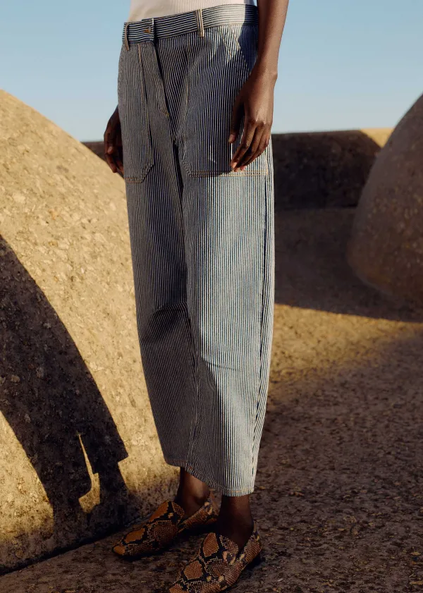 ME+EM Cotton Indigo Stripe Engineered-Leg Trouser | Women Tapered Trousers