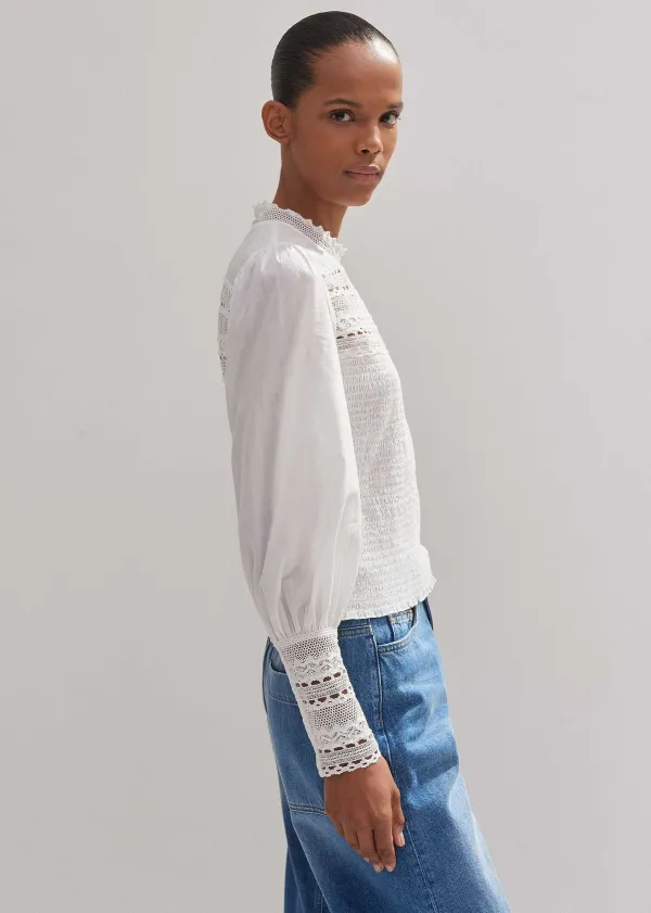 ME+EM Cotton Shirred Lace Trim Top | Women Blouses