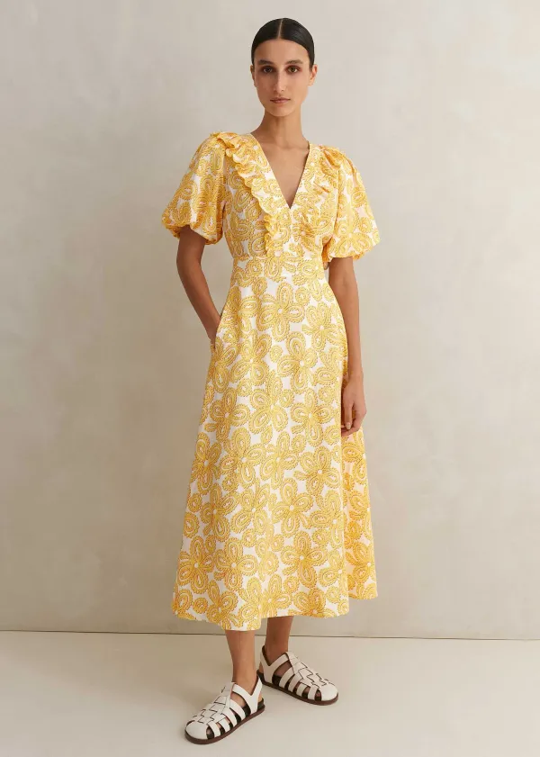 ME+EM Linen-Blend Lace Print Midi Dress | Women Midi Dresses