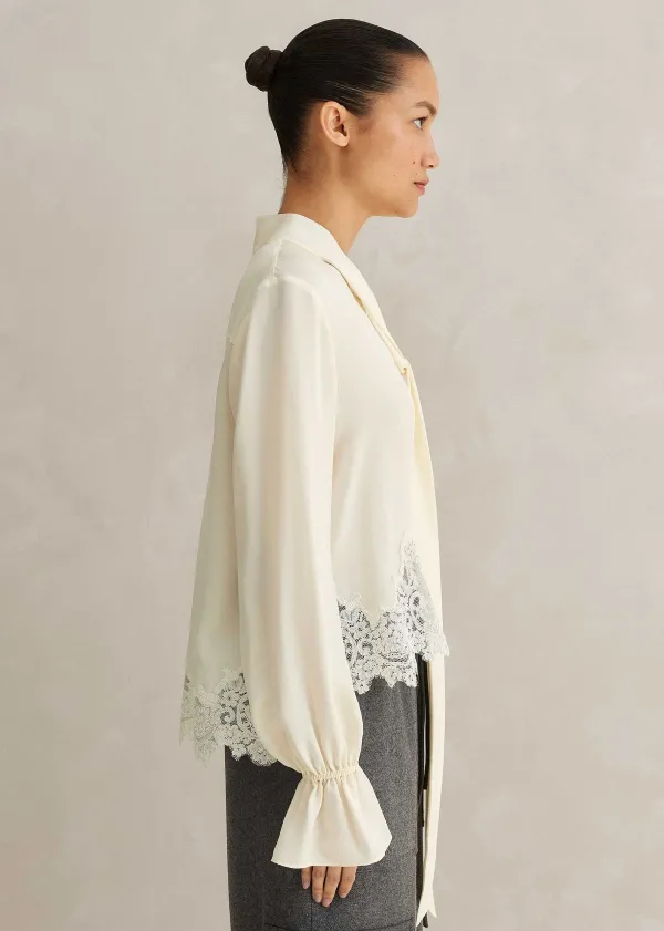 ME+EM Silk + Lace Cropped Pussybow Blouse | Women Blouses