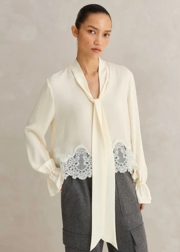 ME+EM Silk + Lace Cropped Pussybow Blouse | Women Blouses