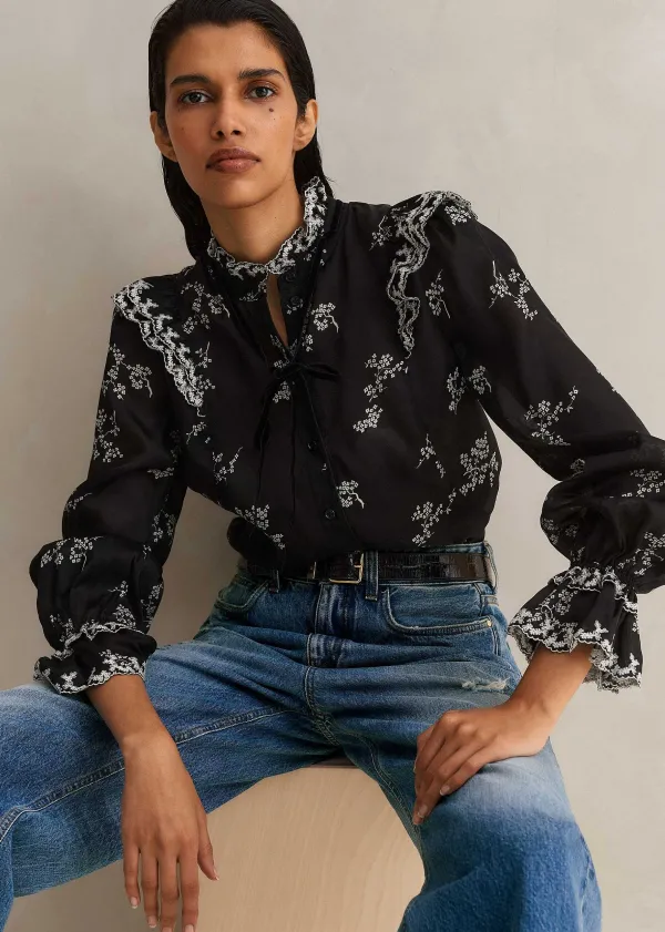 ME+EM Silk Organza Cherry Blossom Print Blouse | Women Blouses