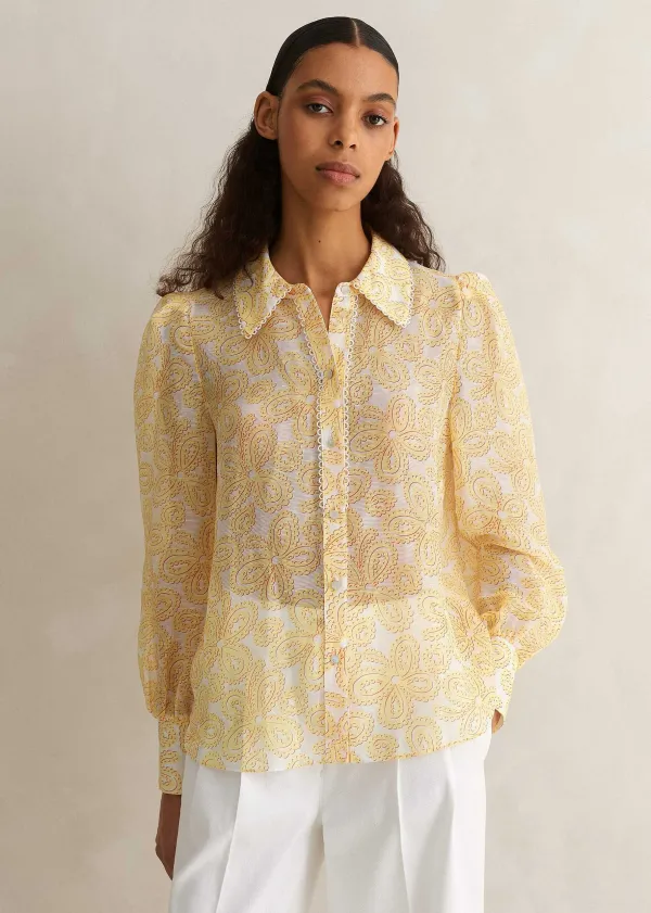 ME+EM Silk-Linen Lace Print Balloon Sleeve Blouse | Women Blouses