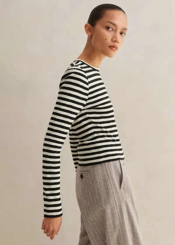 ME+EM Slub Jersey Crop Stripe Crew Neck Top | Women Sweatshirts & Long Sleeve Tops